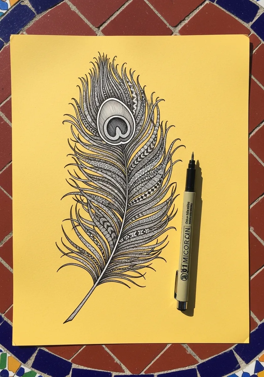 Fine ink peacock feather filled with dense zentangle patterns on yellow paper