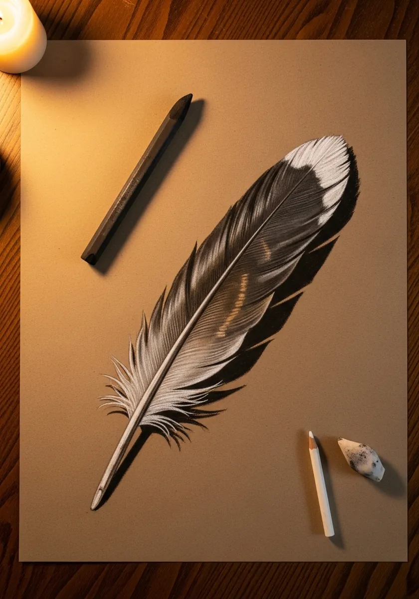 Detailed brown and white feather drawn in pencil on warm kraft paper