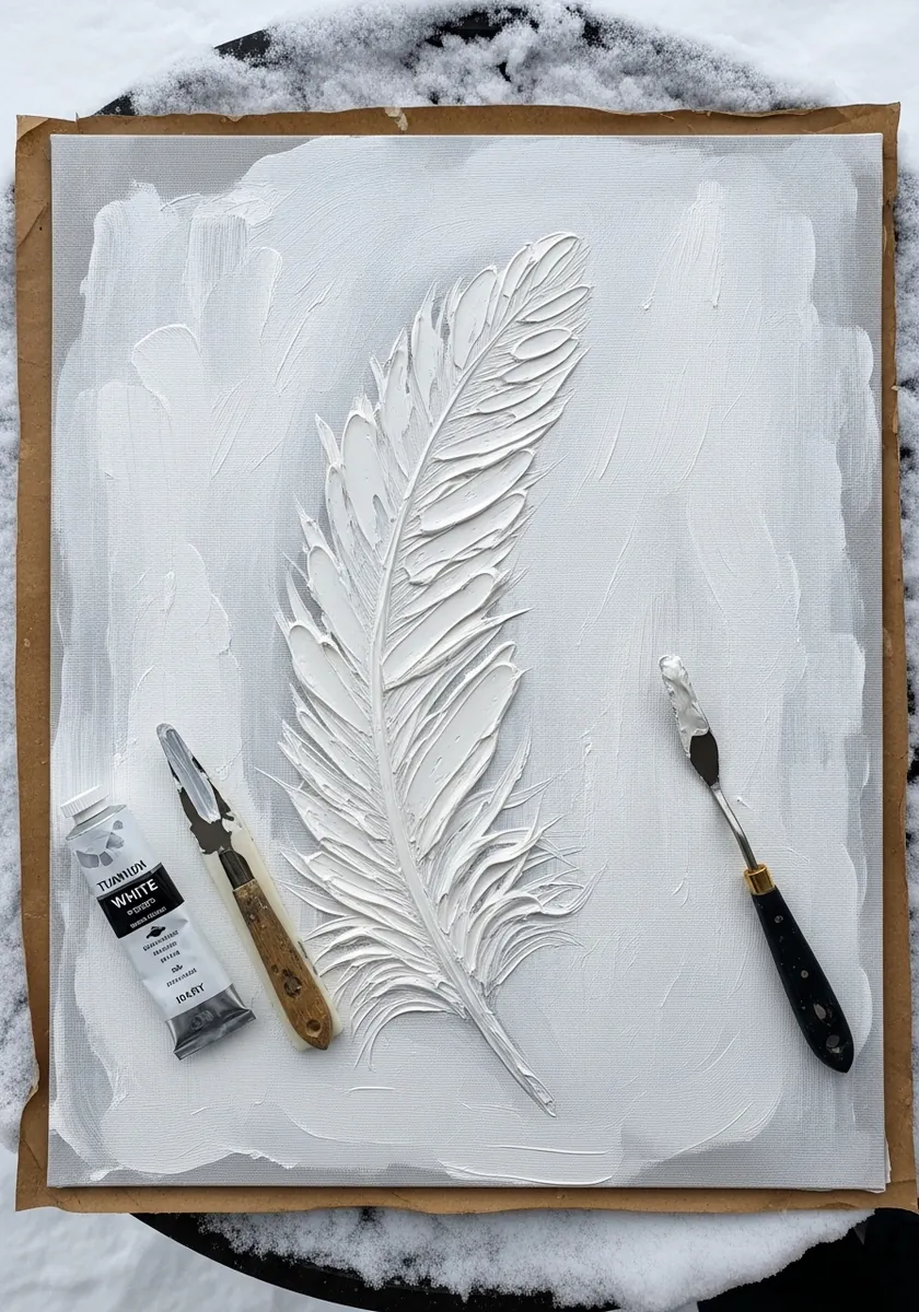 Thick white impasto feather painted with a knife on a white textured ground