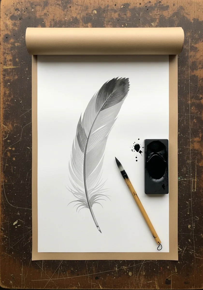 Single feather in gray ink wash fading from dark tip to pale base