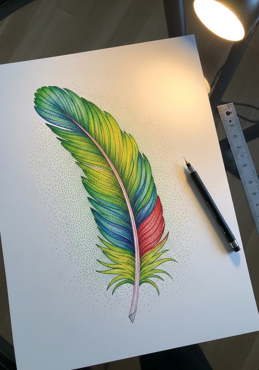 Colorful stippled feather in green blue red and yellow built from ink dots