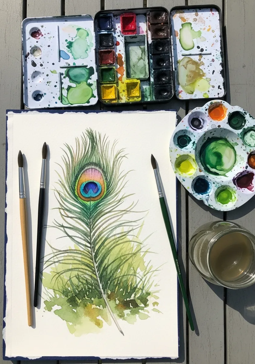 Watercolor peacock feather in green tones with a soft wash background