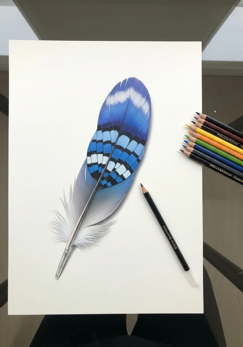 Realistic colored pencil blue jay feather with black and white barring