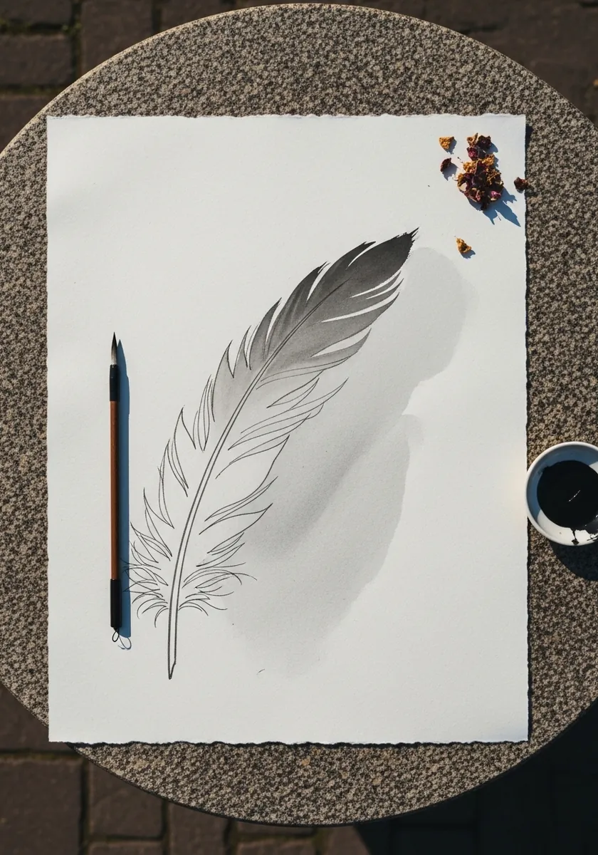 Simple pencil outline of a single feather with light shading and cast shadow