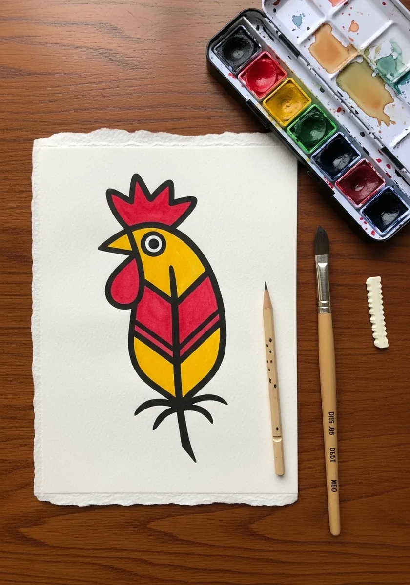 Bold red and yellow folk art rooster built from simple feather shapes