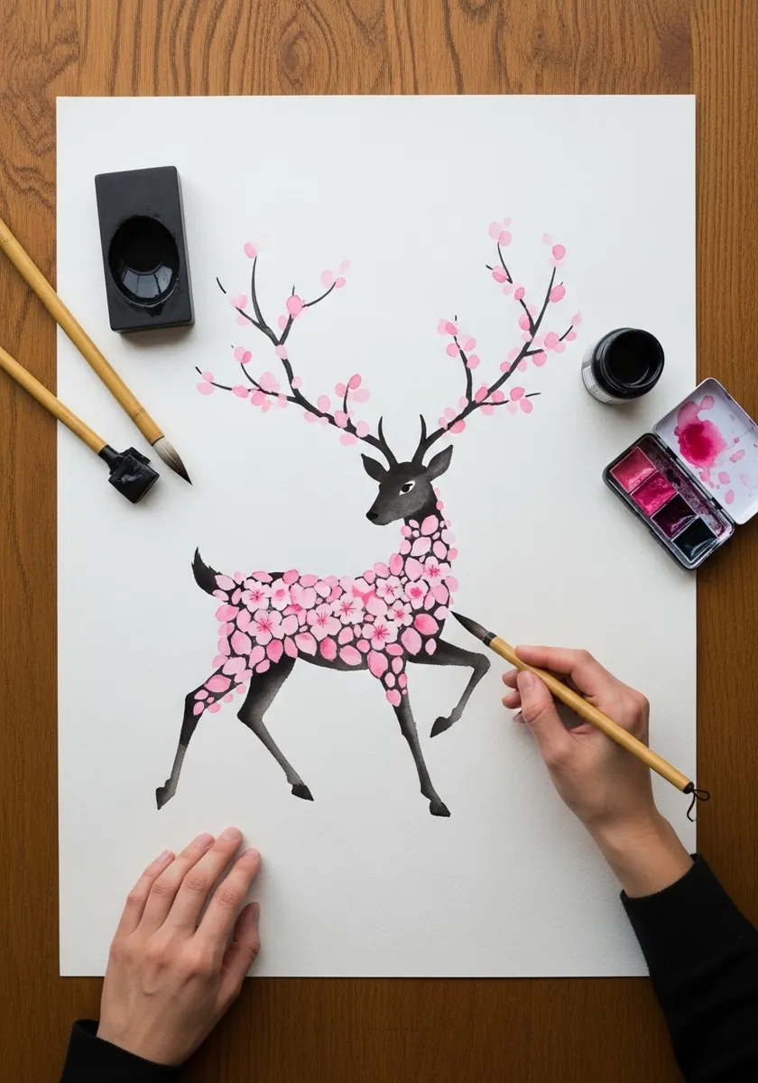 Ink deer with cherry blossom antlers painted in black and soft pink