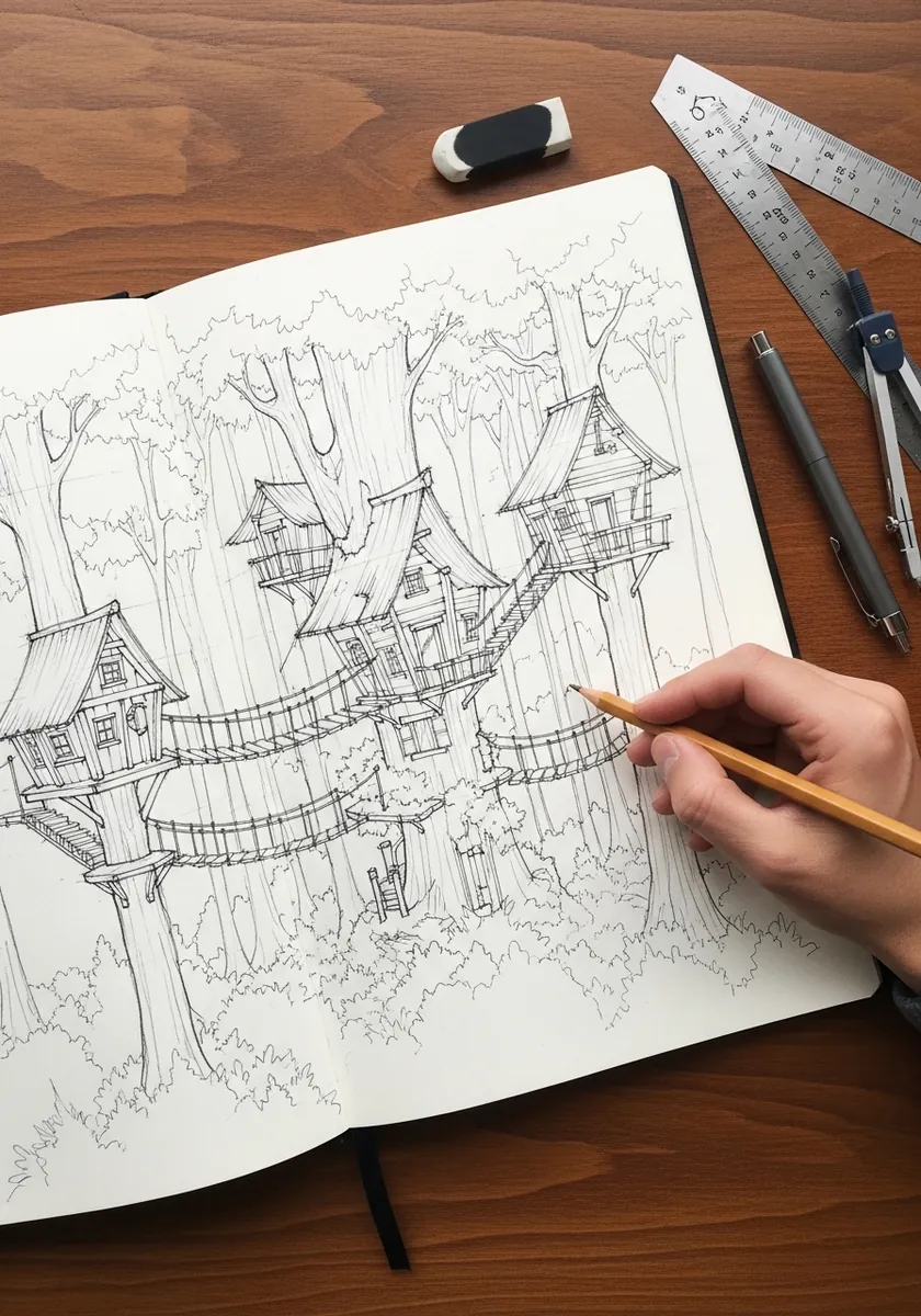 Fine pencil drawing of connected wooden treehouses joined by rope bridges