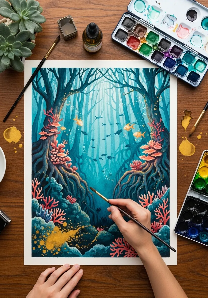 Teal underwater forest scene with coral trees and small fish swimming through