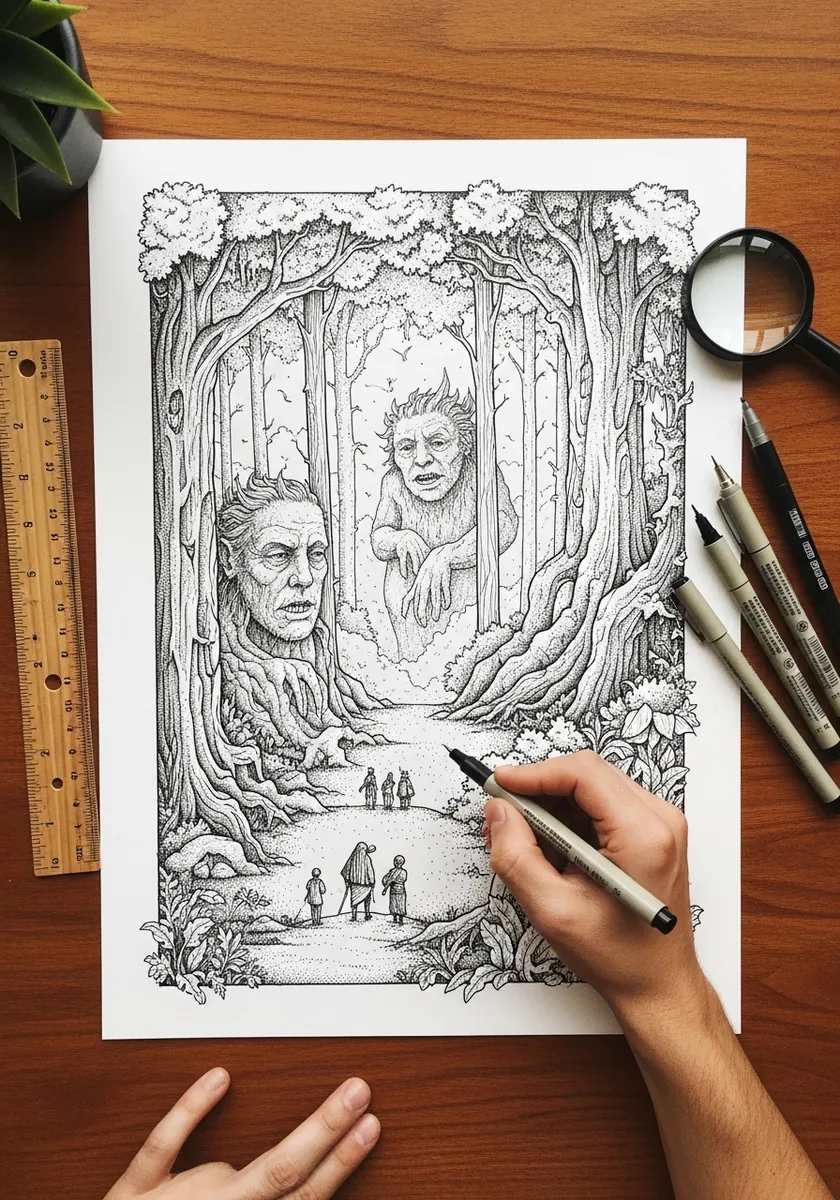 Fine ink forest with faces emerging from the tree trunks and tiny figures below