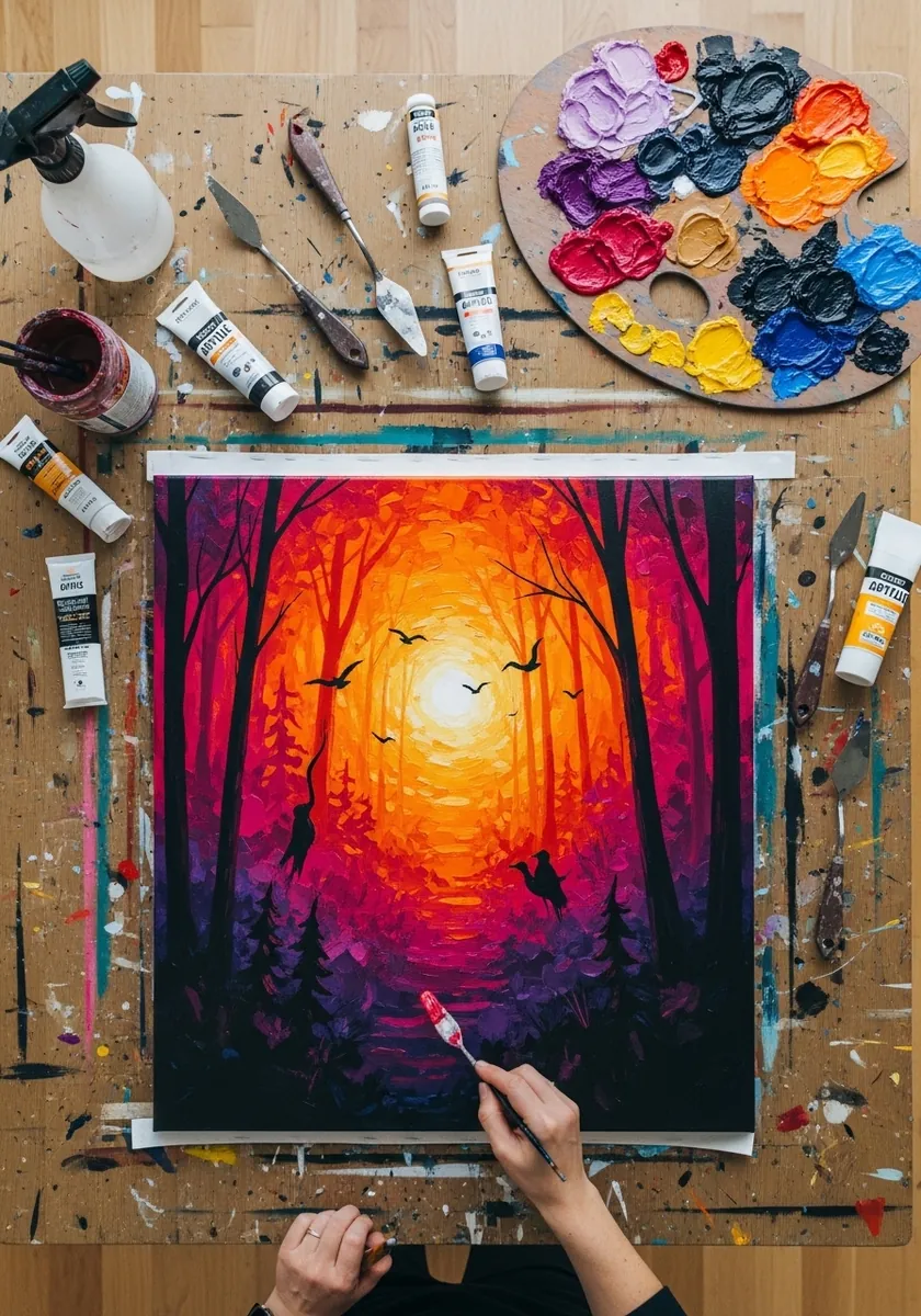 Bright orange and purple forest silhouette with birds against a setting sun