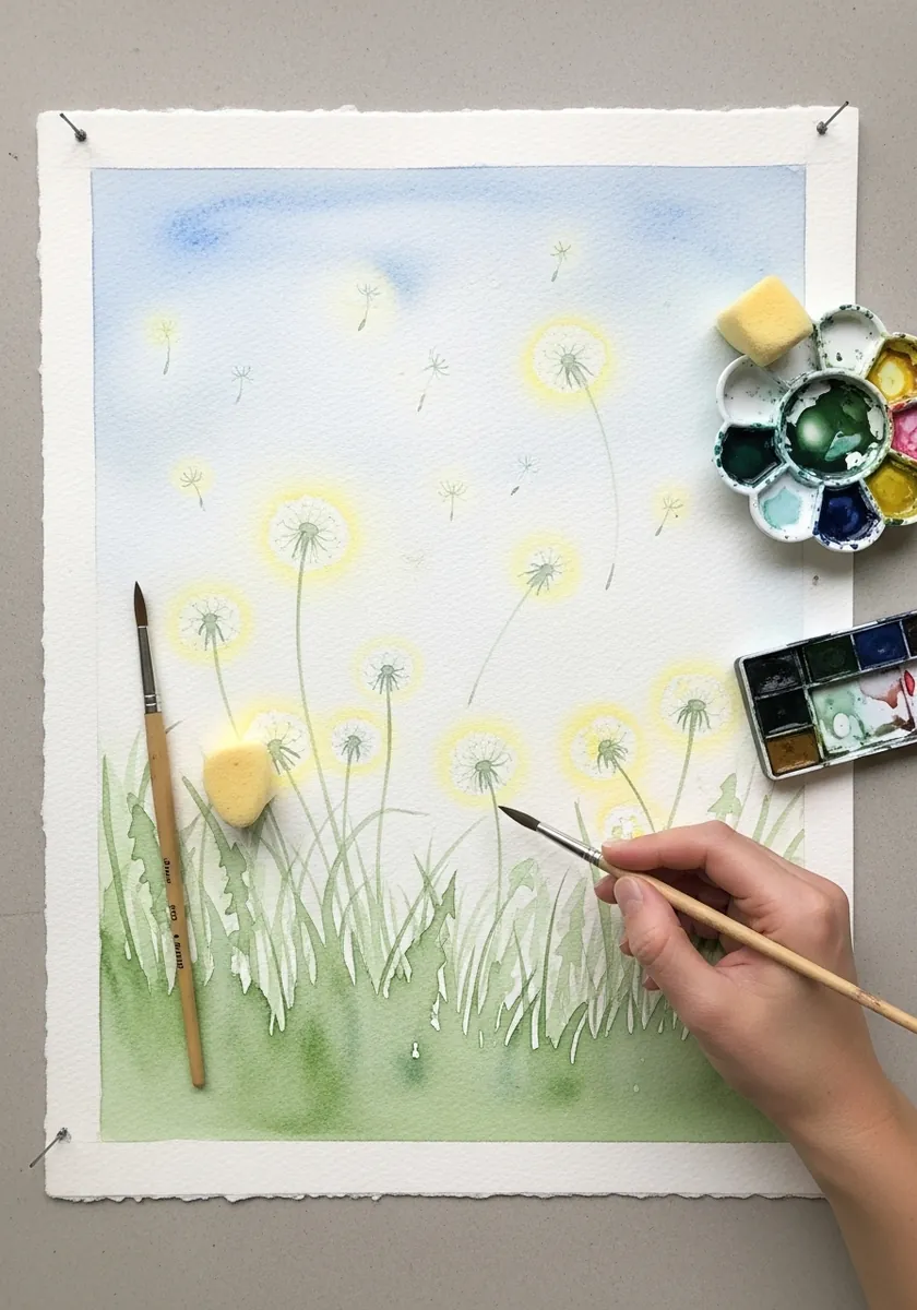 Very soft watercolor meadow of glowing dandelion seed heads in pale green