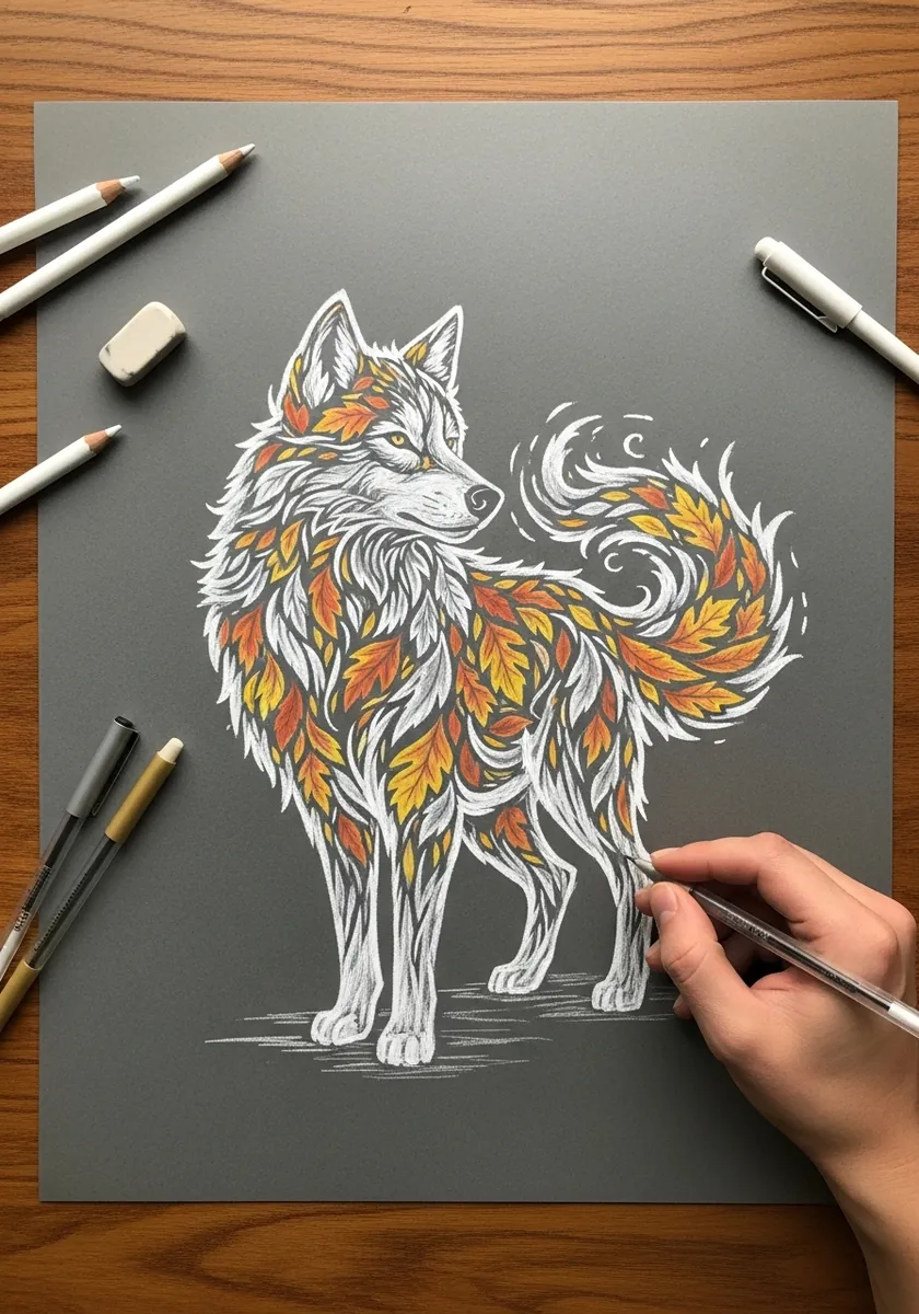White and orange wolf spirit with flame-like fur drawn on gray toned paper