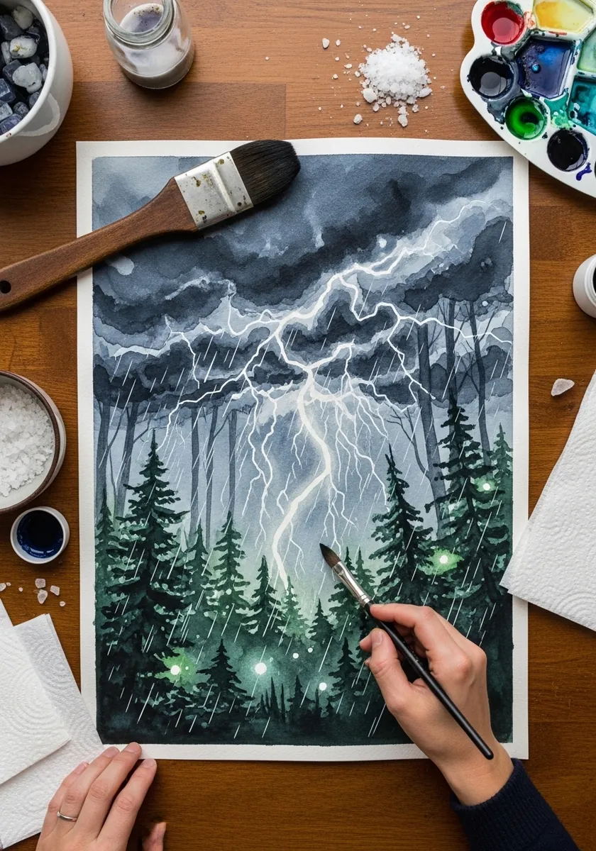 Gray ink wash forest in heavy rain with lightning and glowing green lights