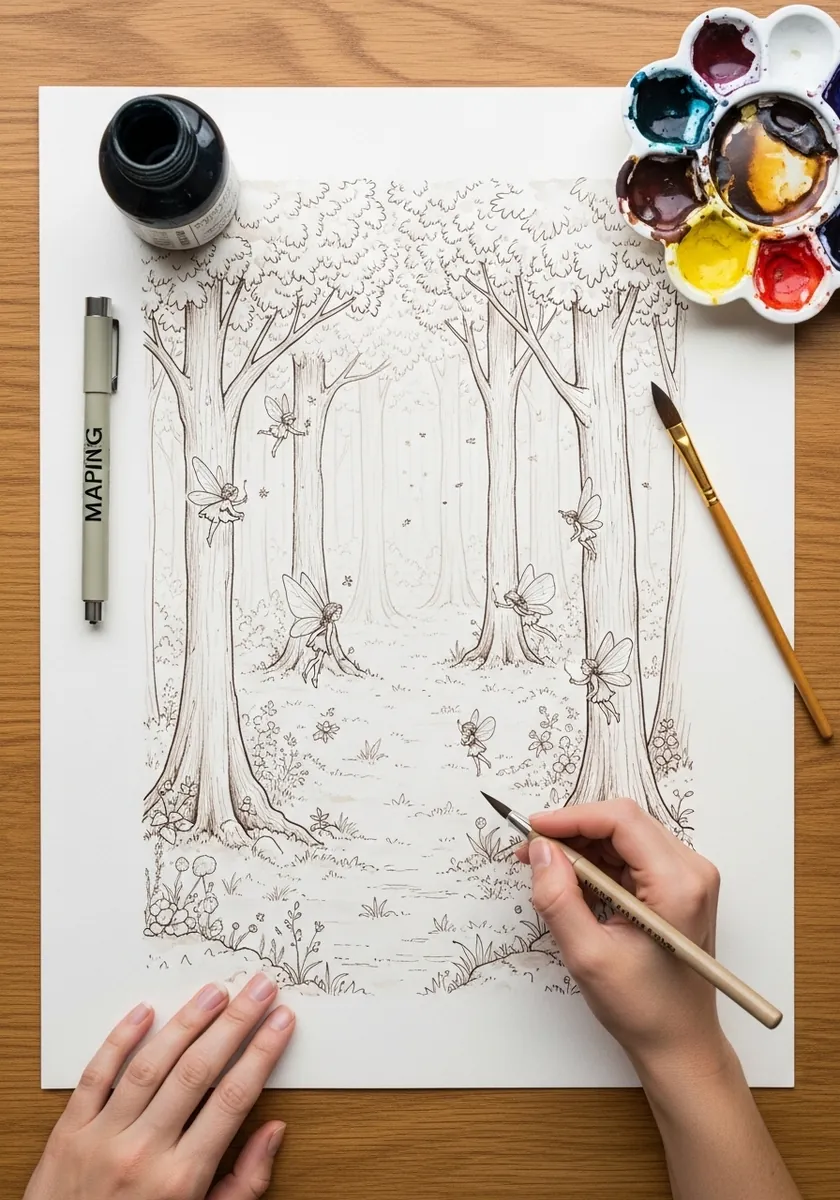 Delicate sepia line drawing of a forest glade with small fairies among trees
