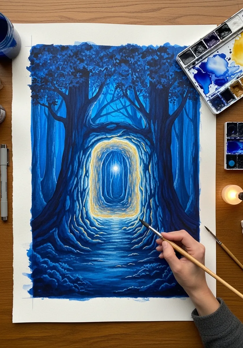Deep blue forest with a glowing arched portal opening between two large trees