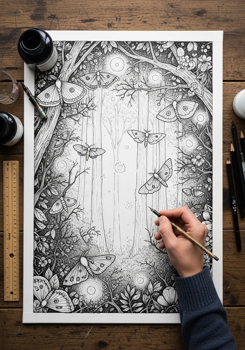 Detailed black ink forest scene filled with moths flowers and glowing orbs