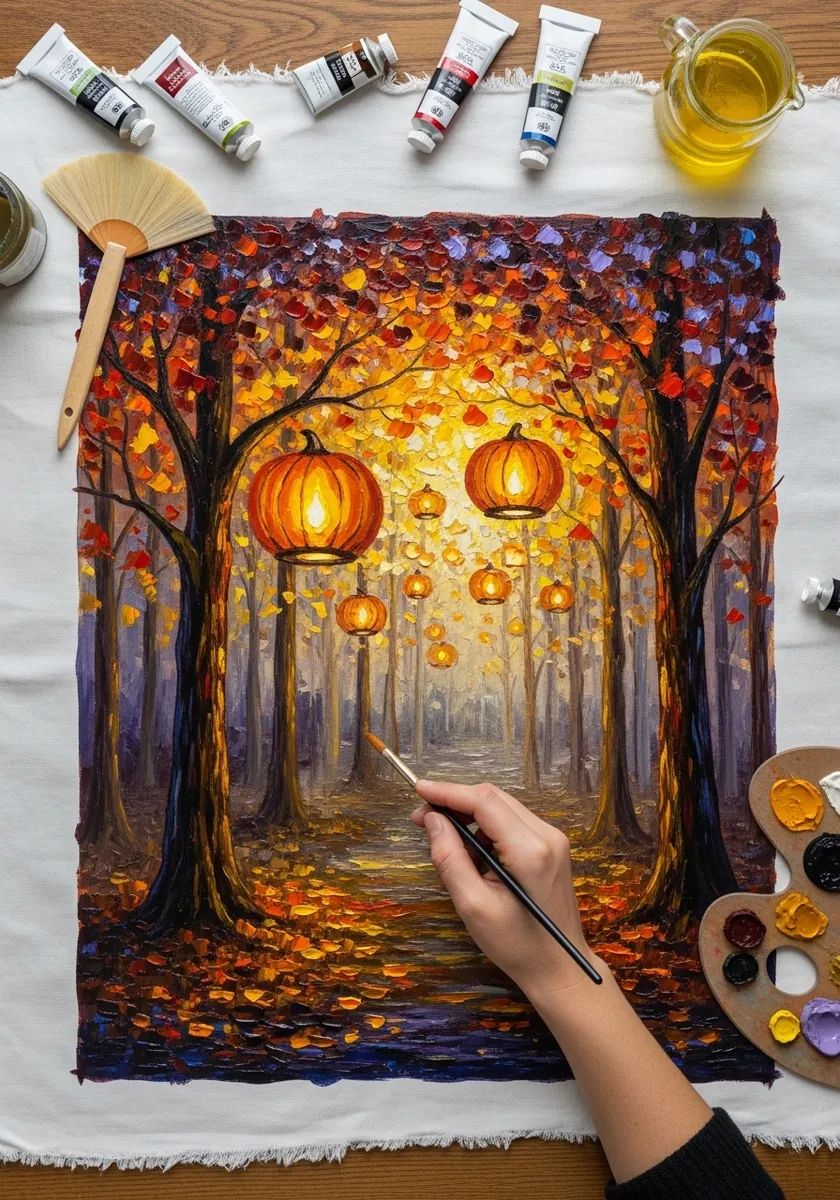 Thick oil pastel autumn forest with orange lanterns hanging among gold leaves