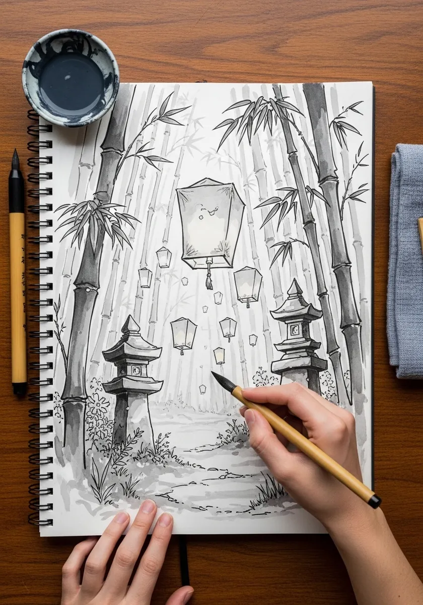 Ink wash bamboo forest with stone lanterns and hanging paper lamps