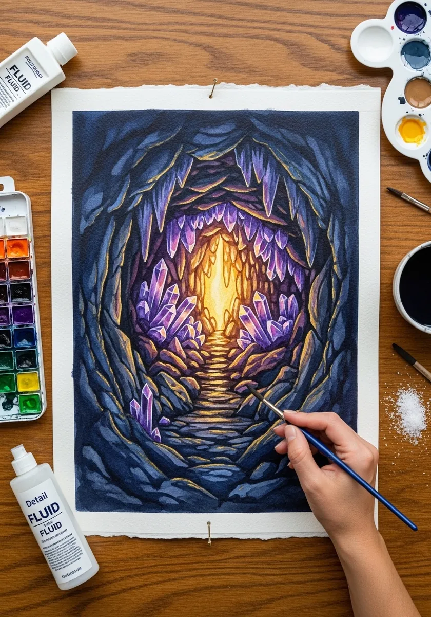 Purple crystal cave tunnel with a glowing golden light at the far end