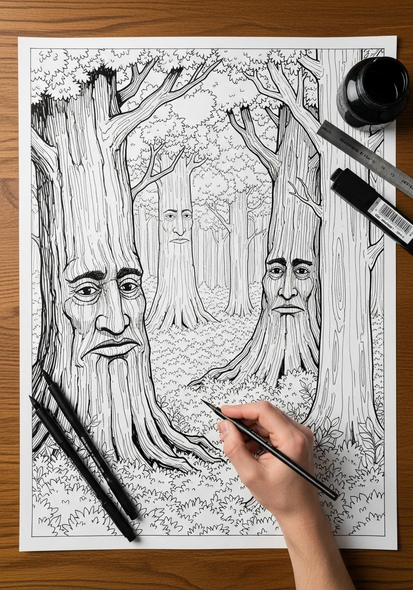 Bold ink drawing of large ancient trees with carved faces in their trunks