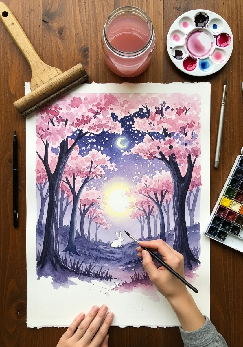Watercolor cherry blossom forest at night with a white rabbit and crescent moon