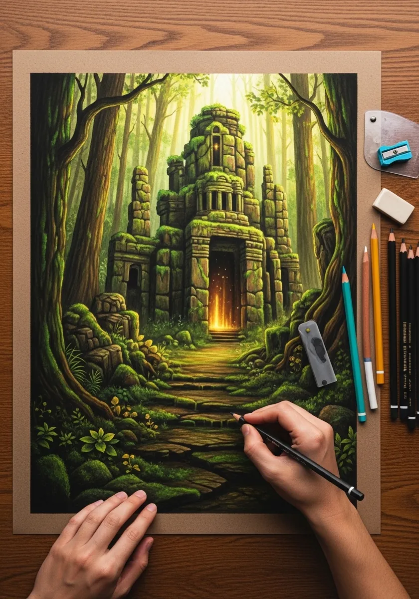 Overgrown stone temple ruin covered in moss with a warm glowing doorway