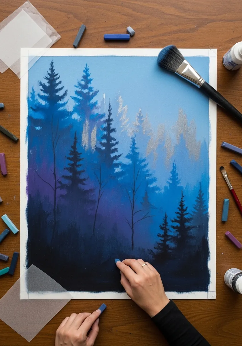 Layered blue and violet pine forest fading into mist in soft pastel