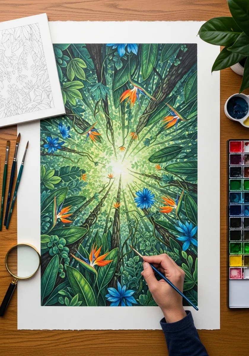 Green forest canopy seen from directly below with tropical flowers and sunlight