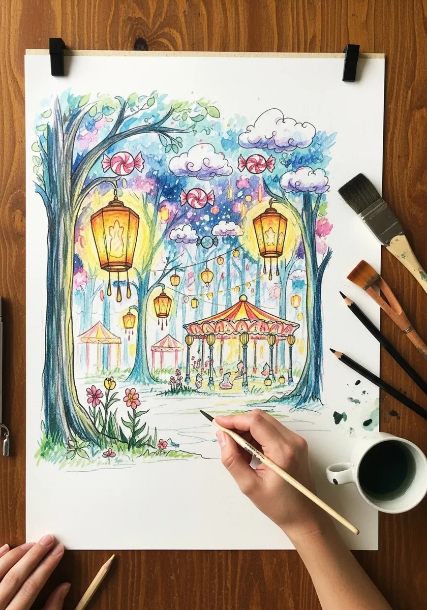 Whimsical forest with a carousel lanterns and floating candy in bright colors