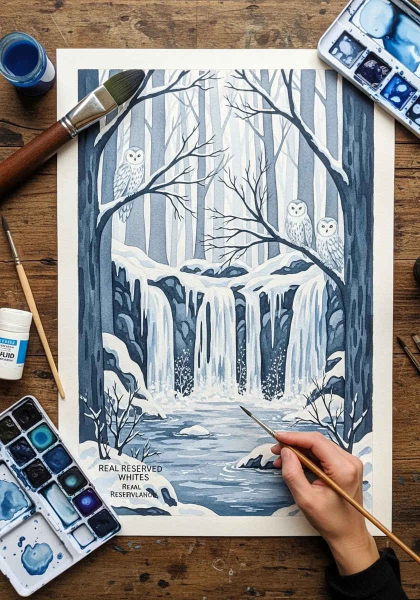 Blue and white winter forest with a frozen waterfall and two snowy owls