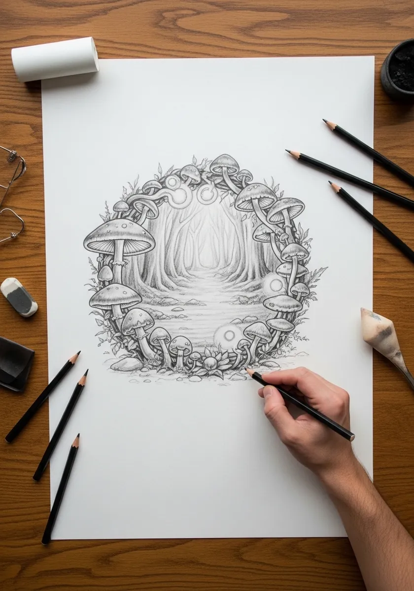 Graphite circular portal ringed with mushrooms opening into a misty forest
