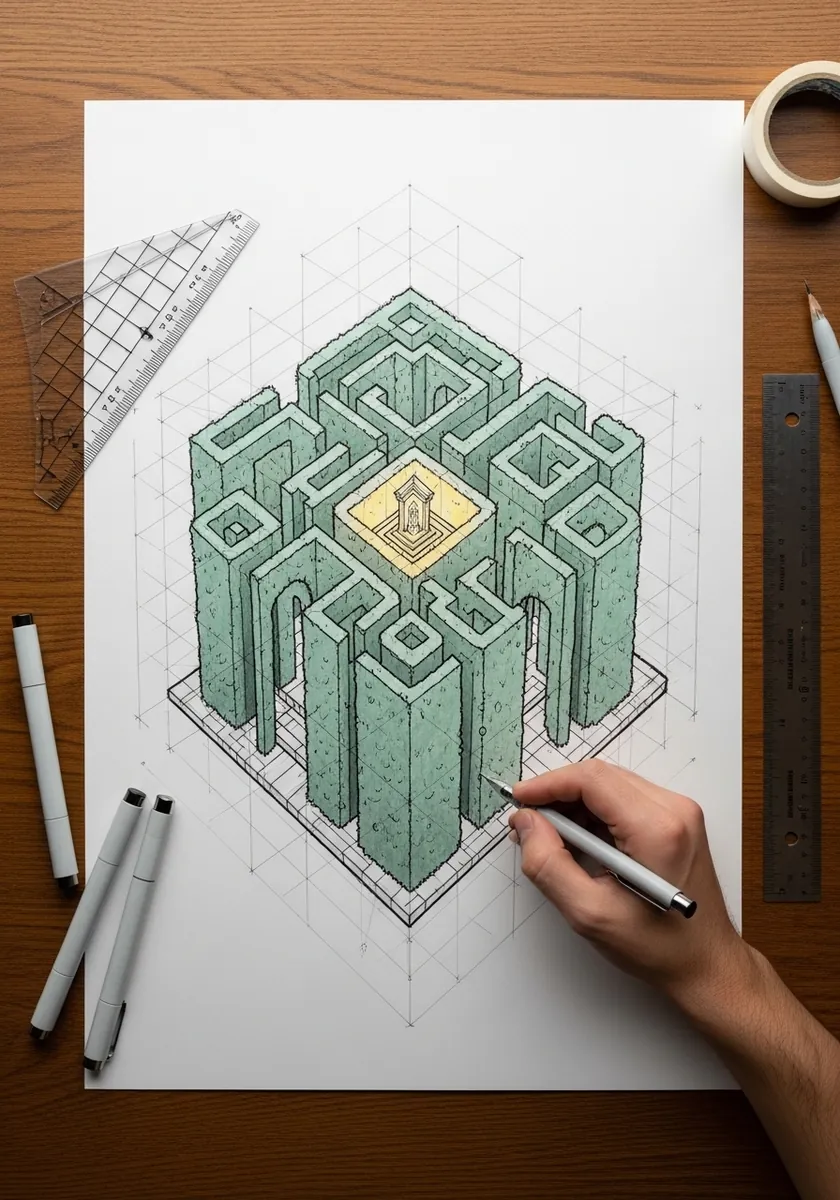 Fine line isometric hedge maze in green with a glowing golden center