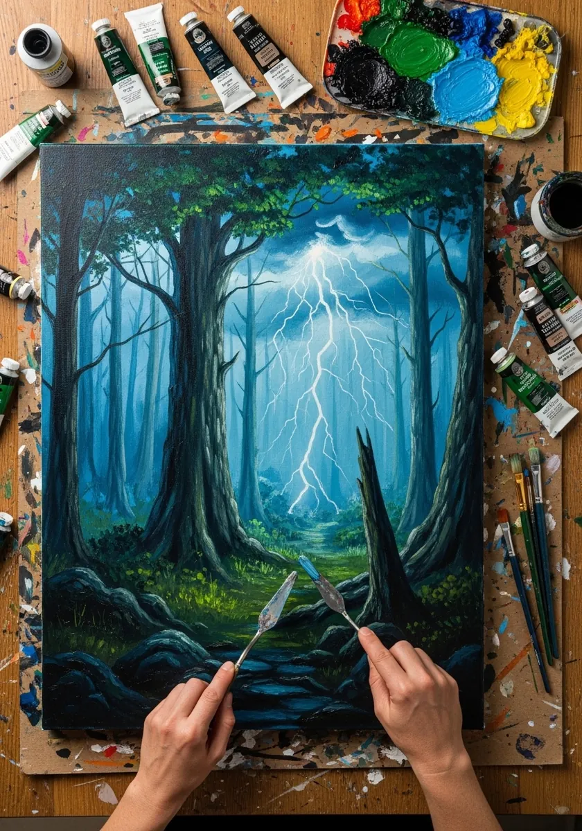 Dark blue oil painting of a forest lit by a bright fork of lightning