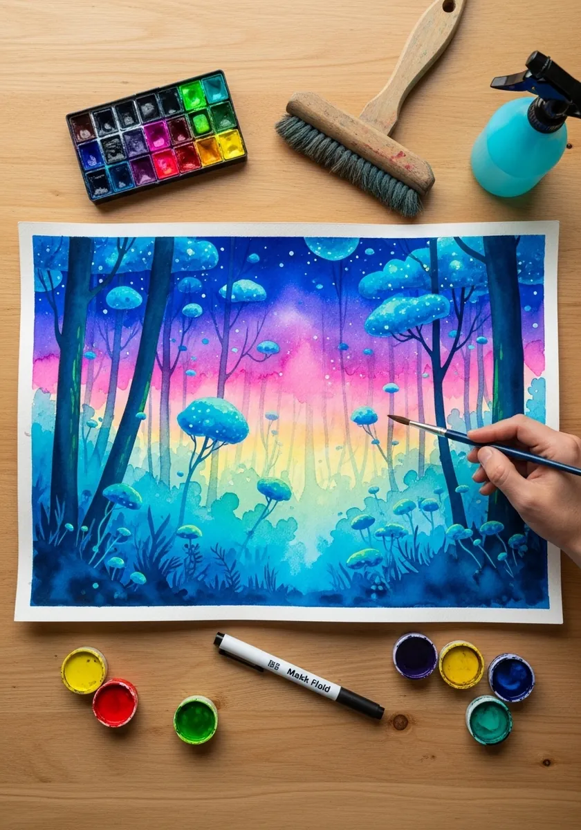 Vivid blue and pink forest with glowing bioluminescent trees and mushrooms