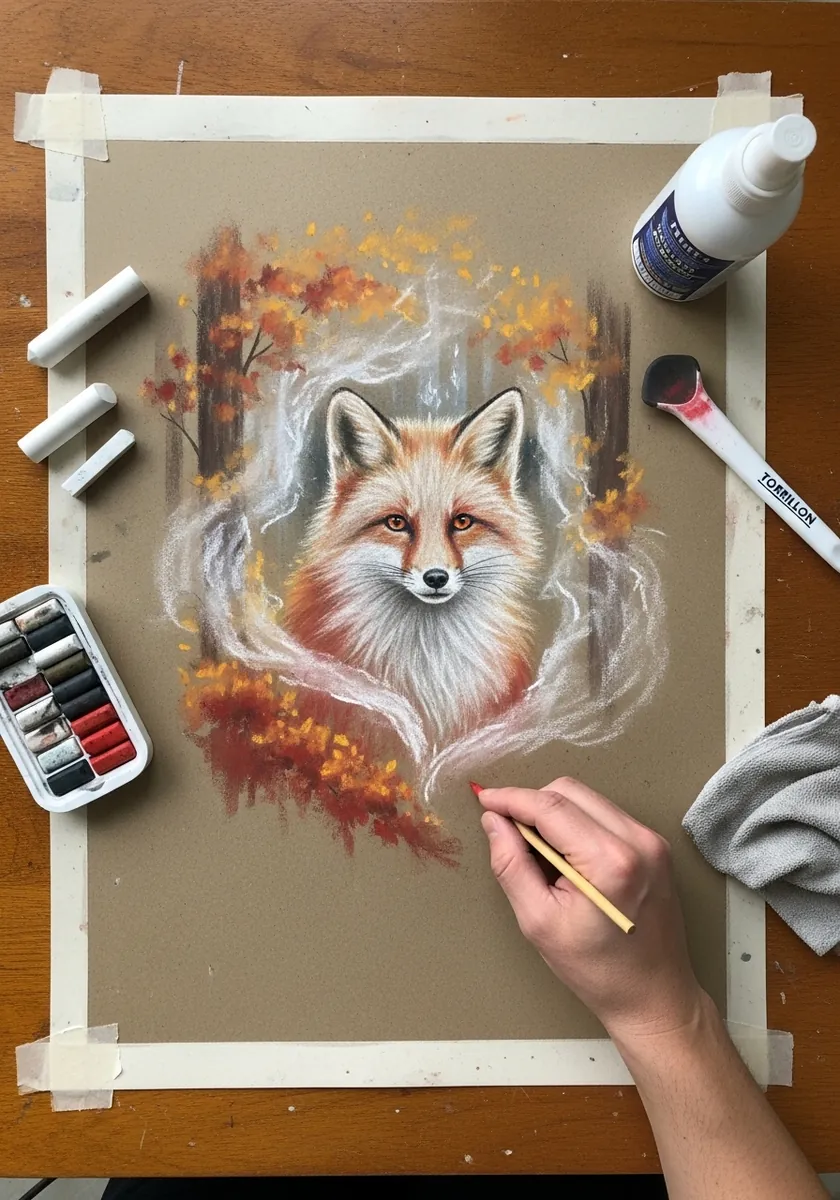 Soft pastel fox surrounded by swirling white smoke and orange autumn leaves