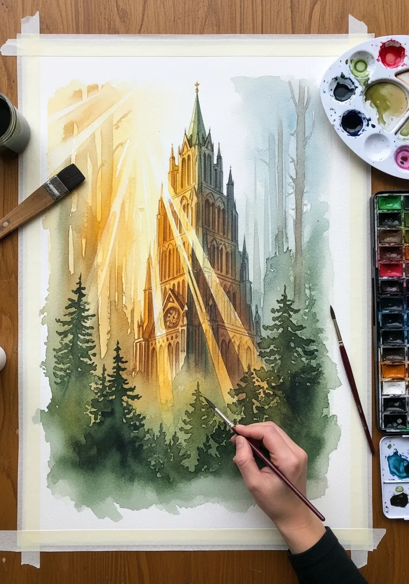 Watercolor forest with a golden cathedral silhouette and light rays through trees