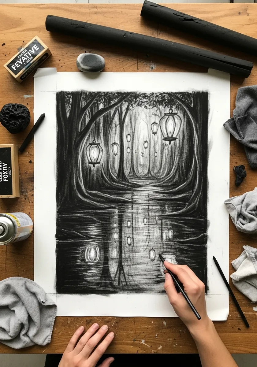 Charcoal forest path lined with hanging lanterns reflected in dark water