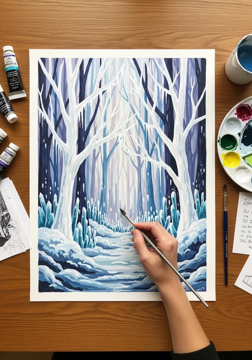 Blue and white gouache forest of frozen trees with icy branches