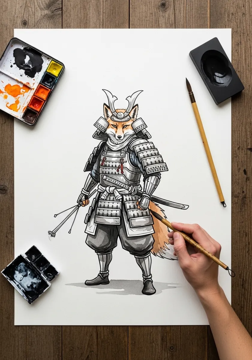 Ink drawing of a fox in samurai armor holding a bow with a bushy tail