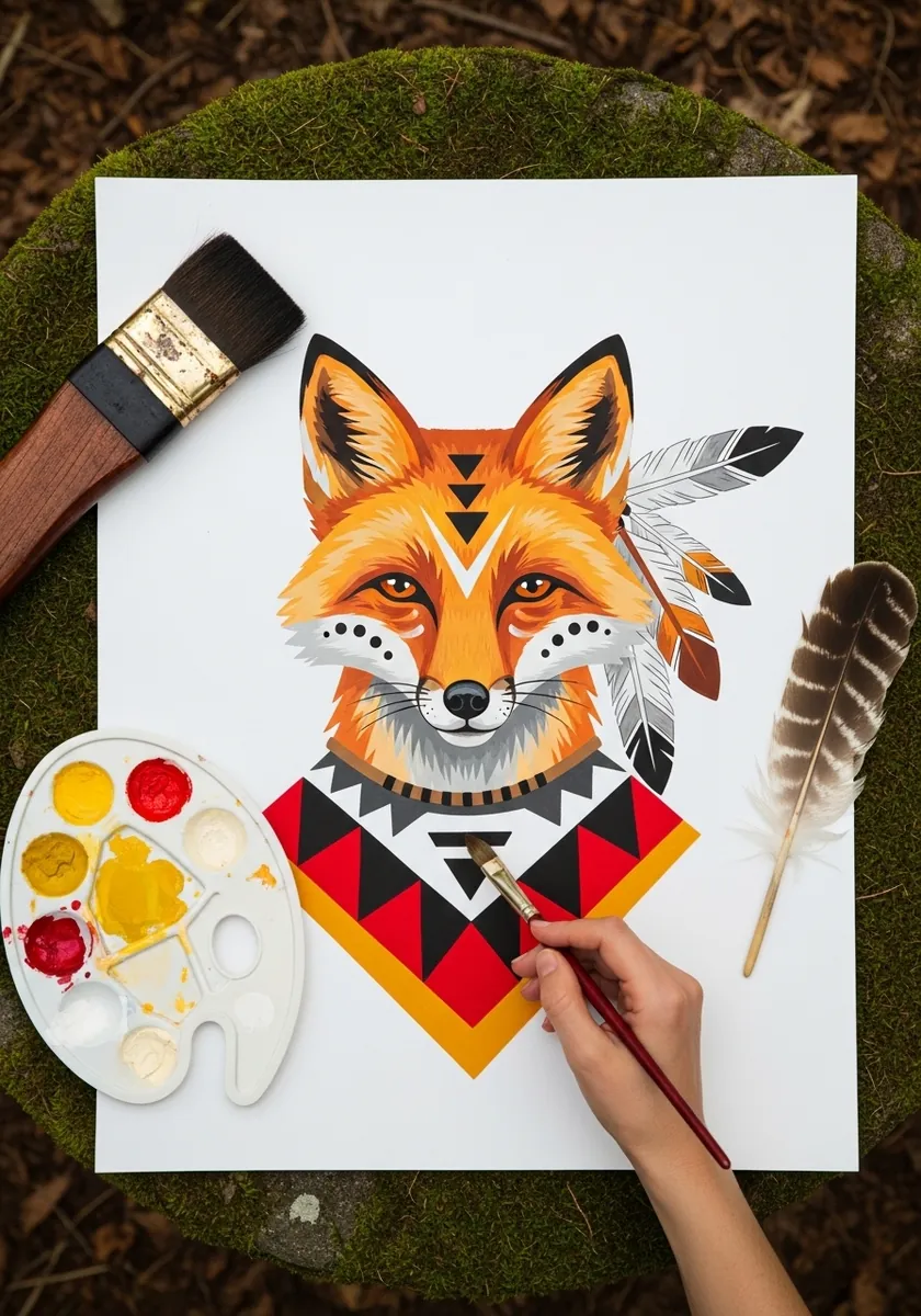 Bold geometric fox head in orange black and red with feather details