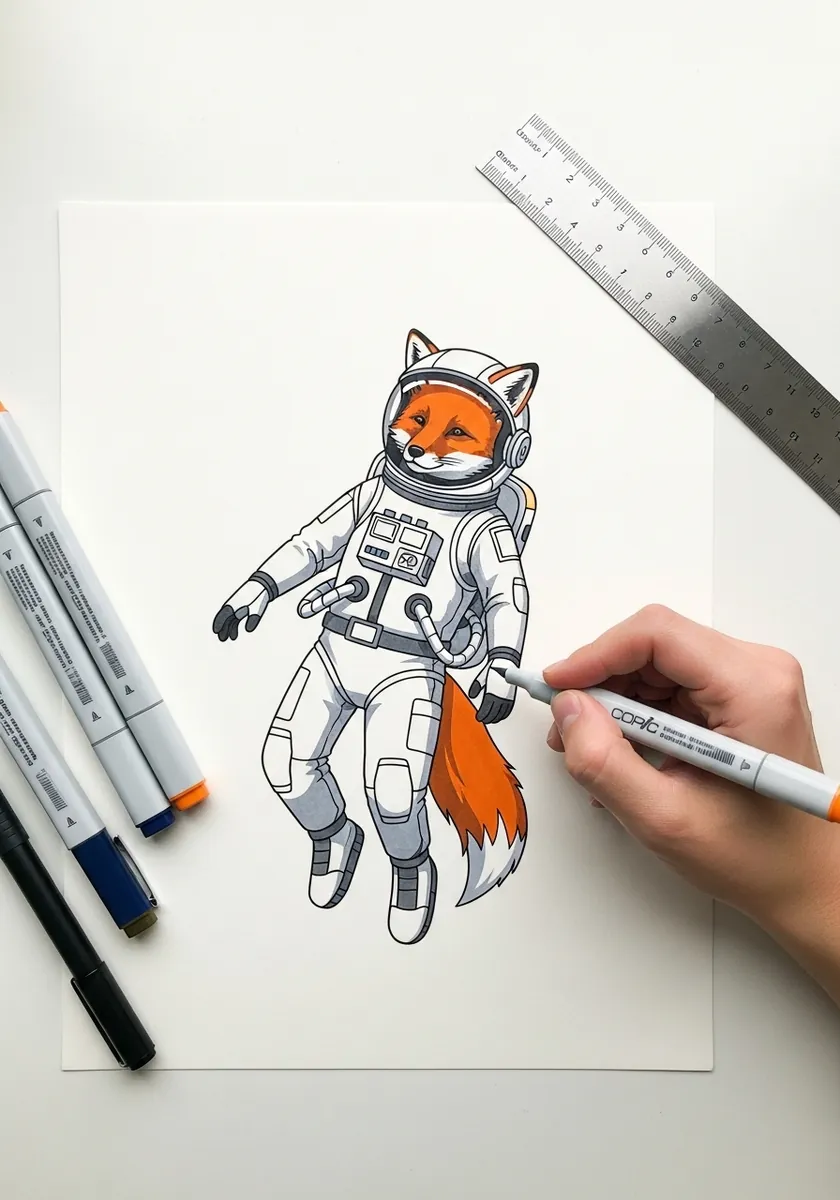 Marker drawing of a fox in a white spacesuit floating with its tail out
