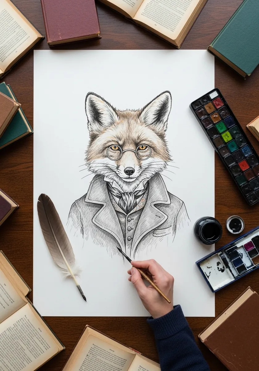 Graphite fox in a Victorian coat and cravat wearing a monocle