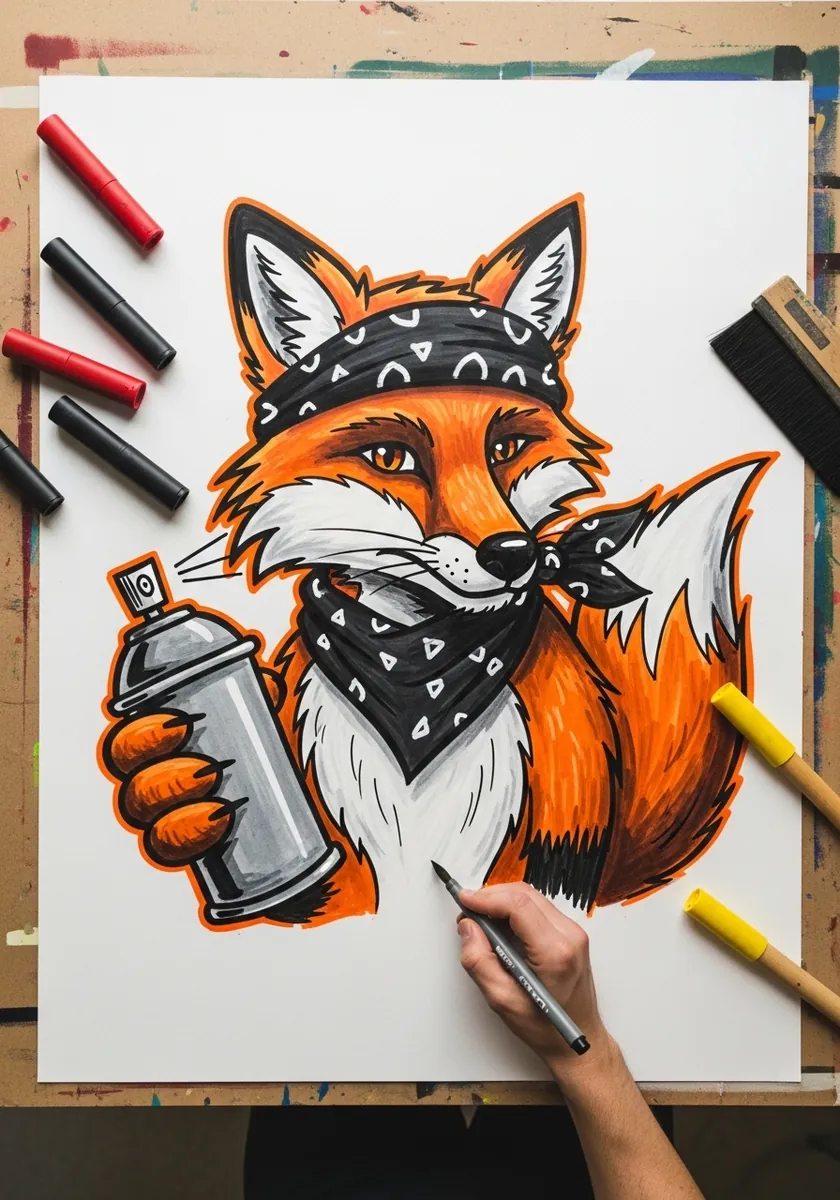 Bold marker fox wearing a bandana and holding a spray paint can