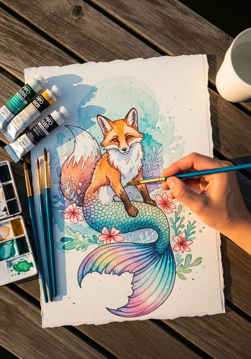 Watercolor fox with a rainbow scaled mermaid tail among coral and flowers