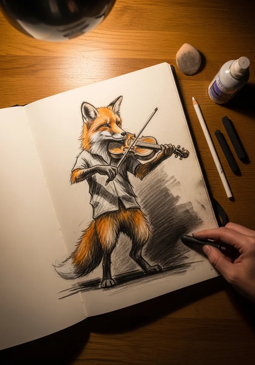 Loose charcoal sketch of an upright fox playing a violin
