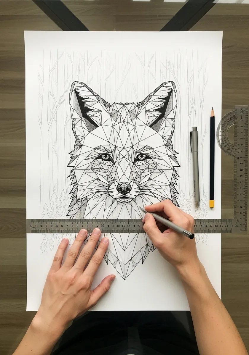Fine line low poly fox head built from triangular facets on white paper