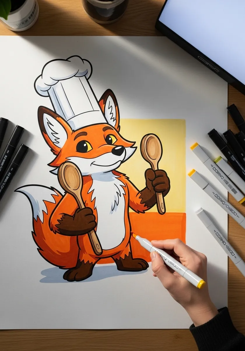Bright cartoon fox in a chef hat holding two wooden spoons