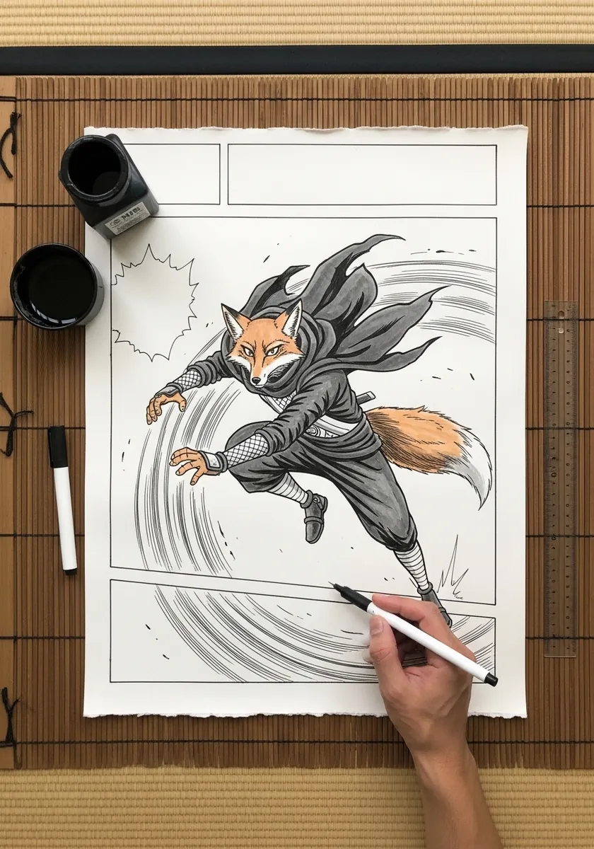 Manga style fox ninja mid leap with radiating speed lines in a panel border