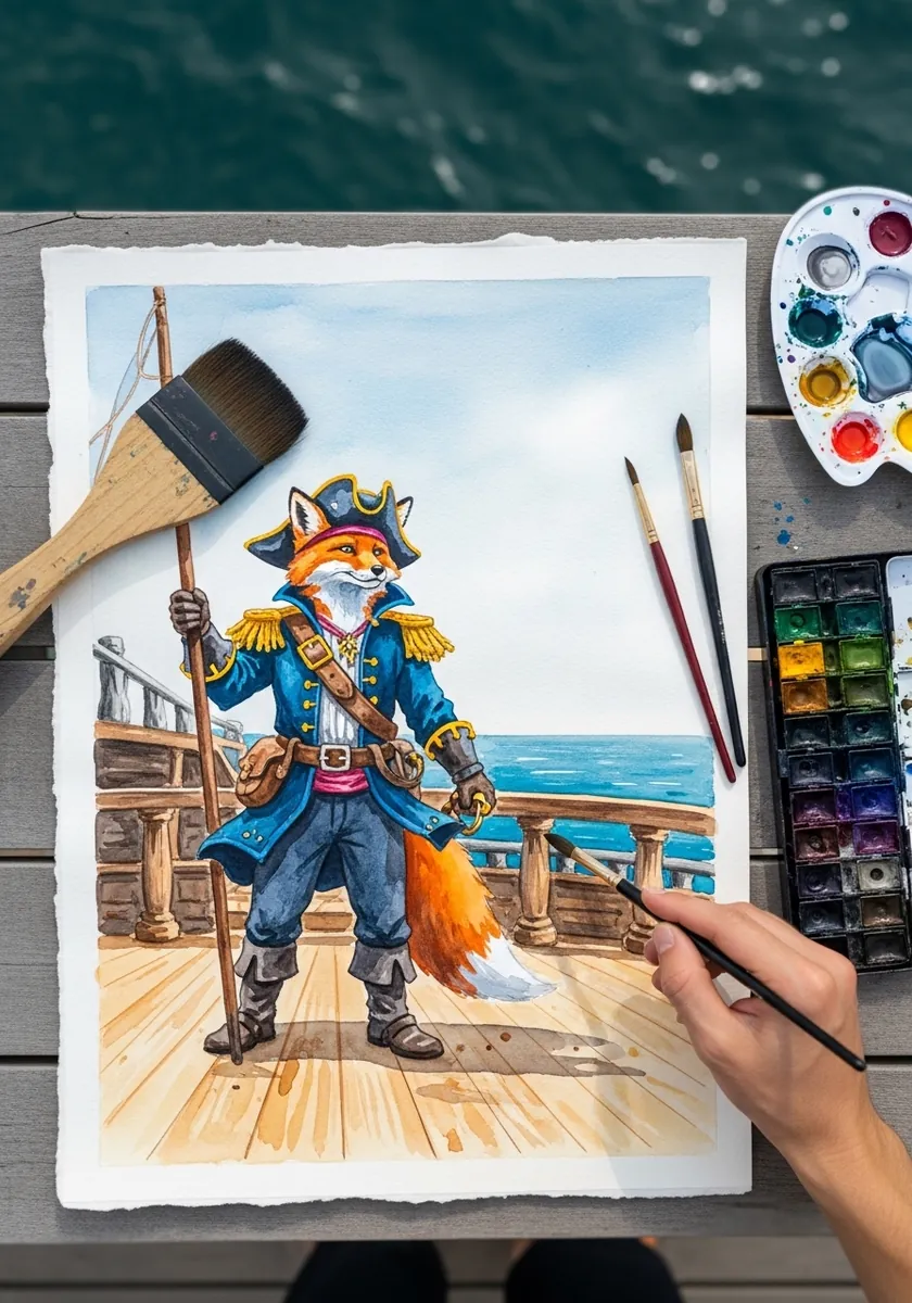 Watercolor fox pirate captain in a blue coat and tricorn hat on a ship deck