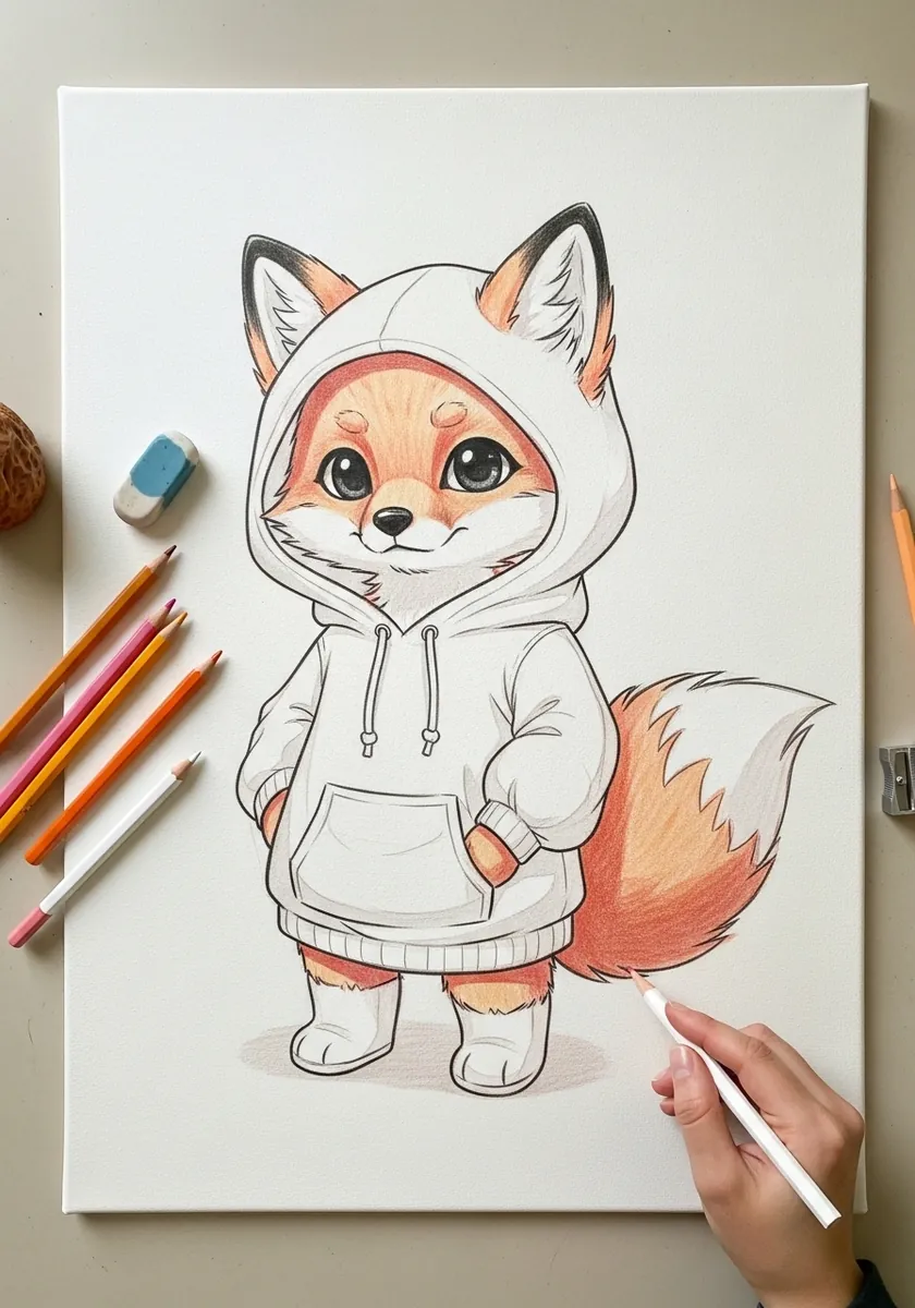 Cute cartoon fox cub wearing an oversized white hoodie with a fluffy tail